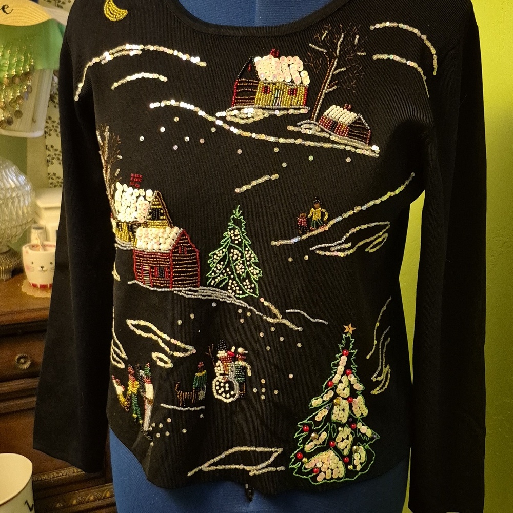 Lisa International Holiday Sweater Beaded In EC. Sz.L.(#2053B) Vintage
